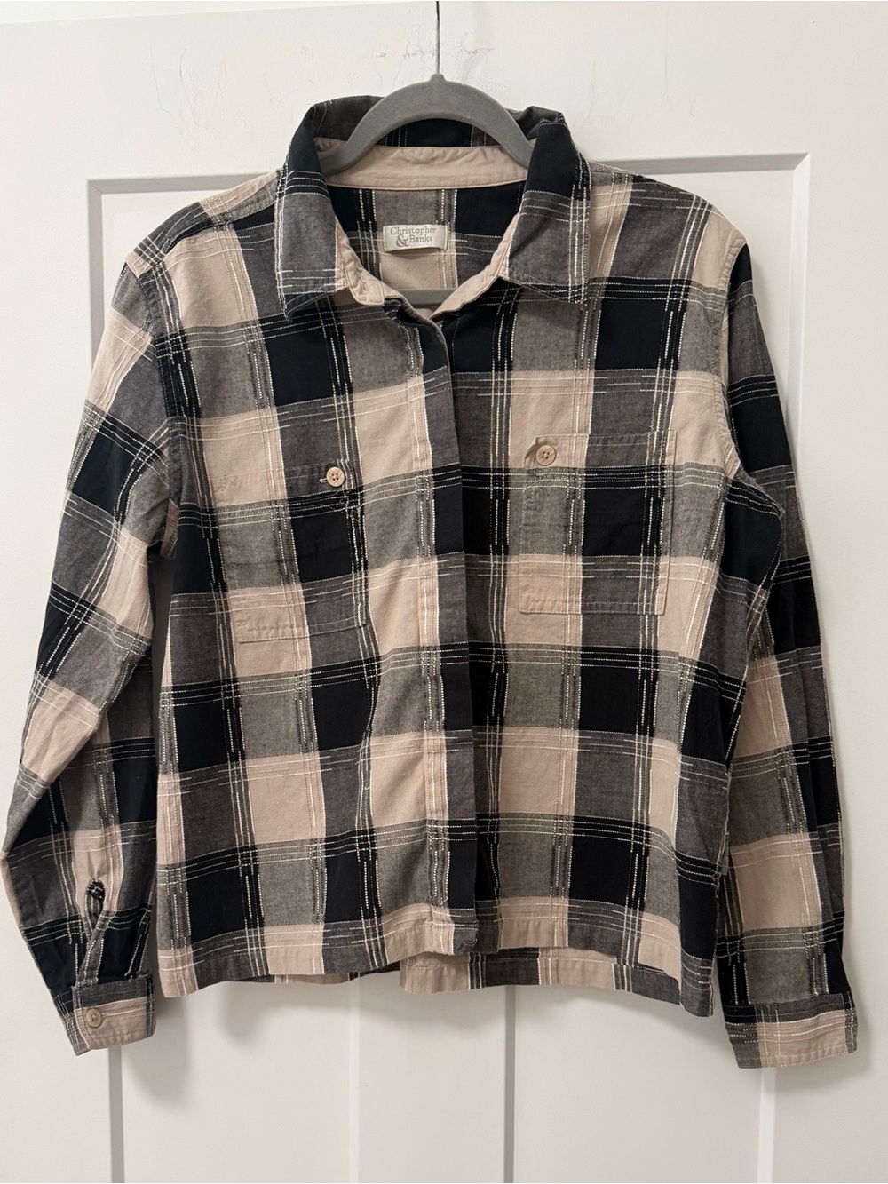 Christopher & Banks Plaid Button Down Shirt Back Waist Cinch Tabs Black Tan S
